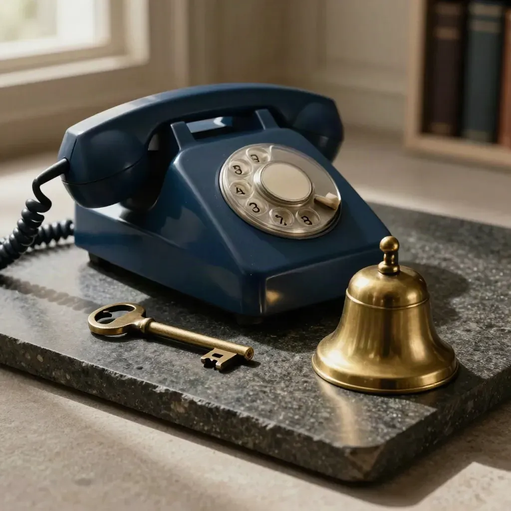Vintage telefon, mässingsnyckel och liten klocka på mörk sten i mjukt ljus.
