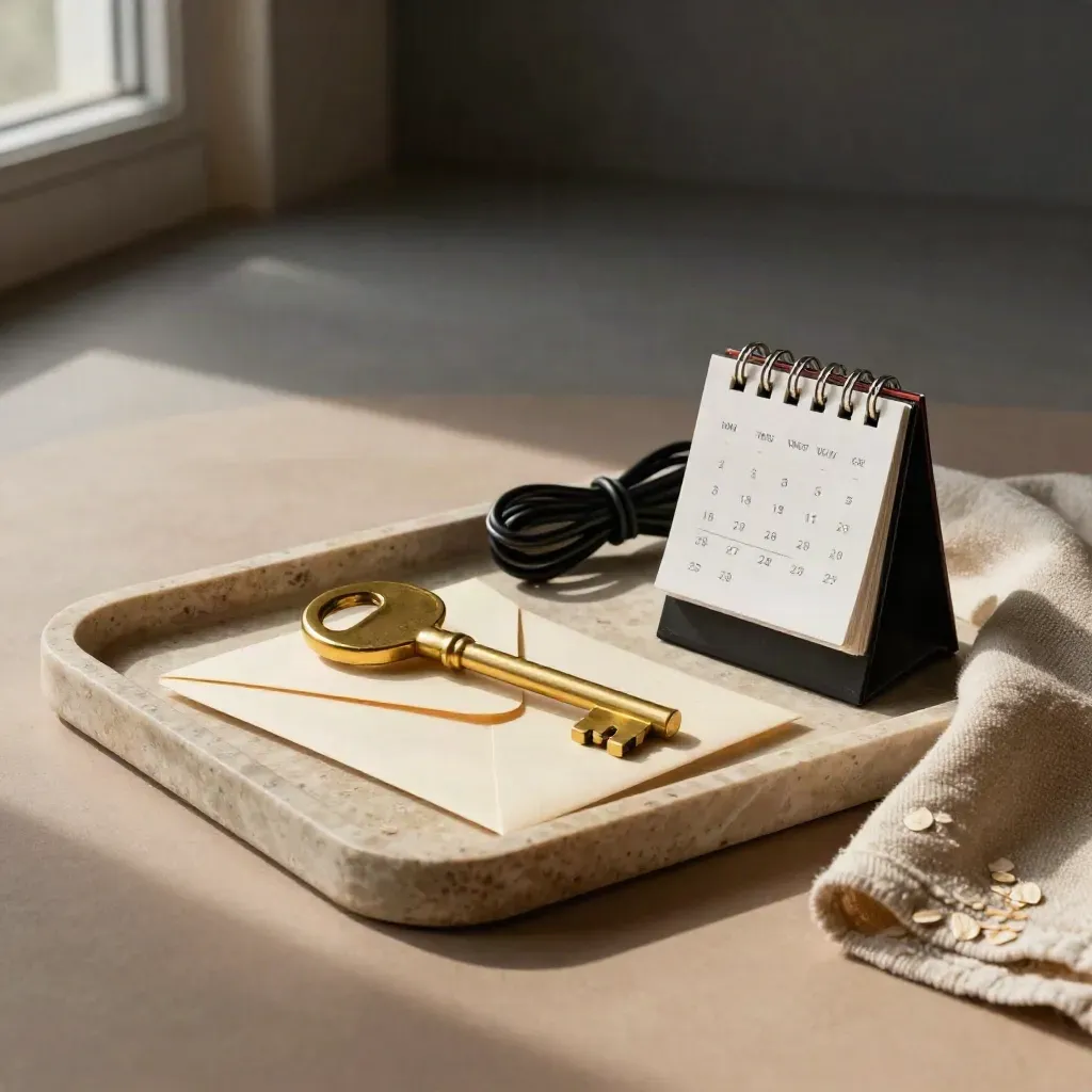 Mässingsnyckel, förseglat kuvert och kabel på stenbricka vid ett vänt kalenderblock.