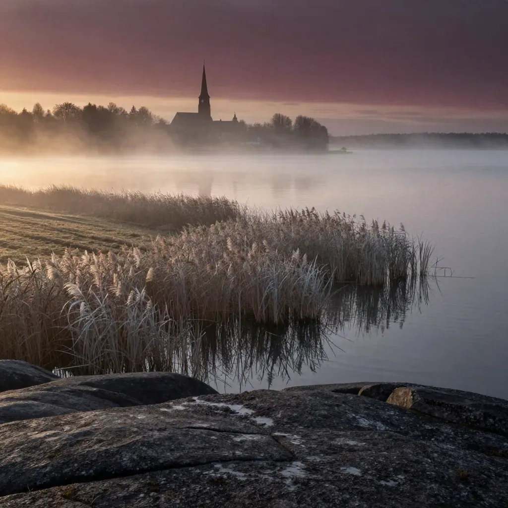 Mälaren i morgondimma med kyrkspira långt borta och stilla vatten i förgrunden.